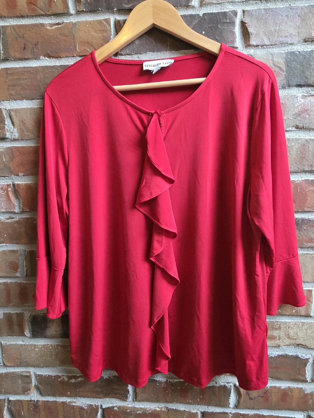 Southern Lady Deep Red Ruffle-Front Blouse Slinky Feminine Classy